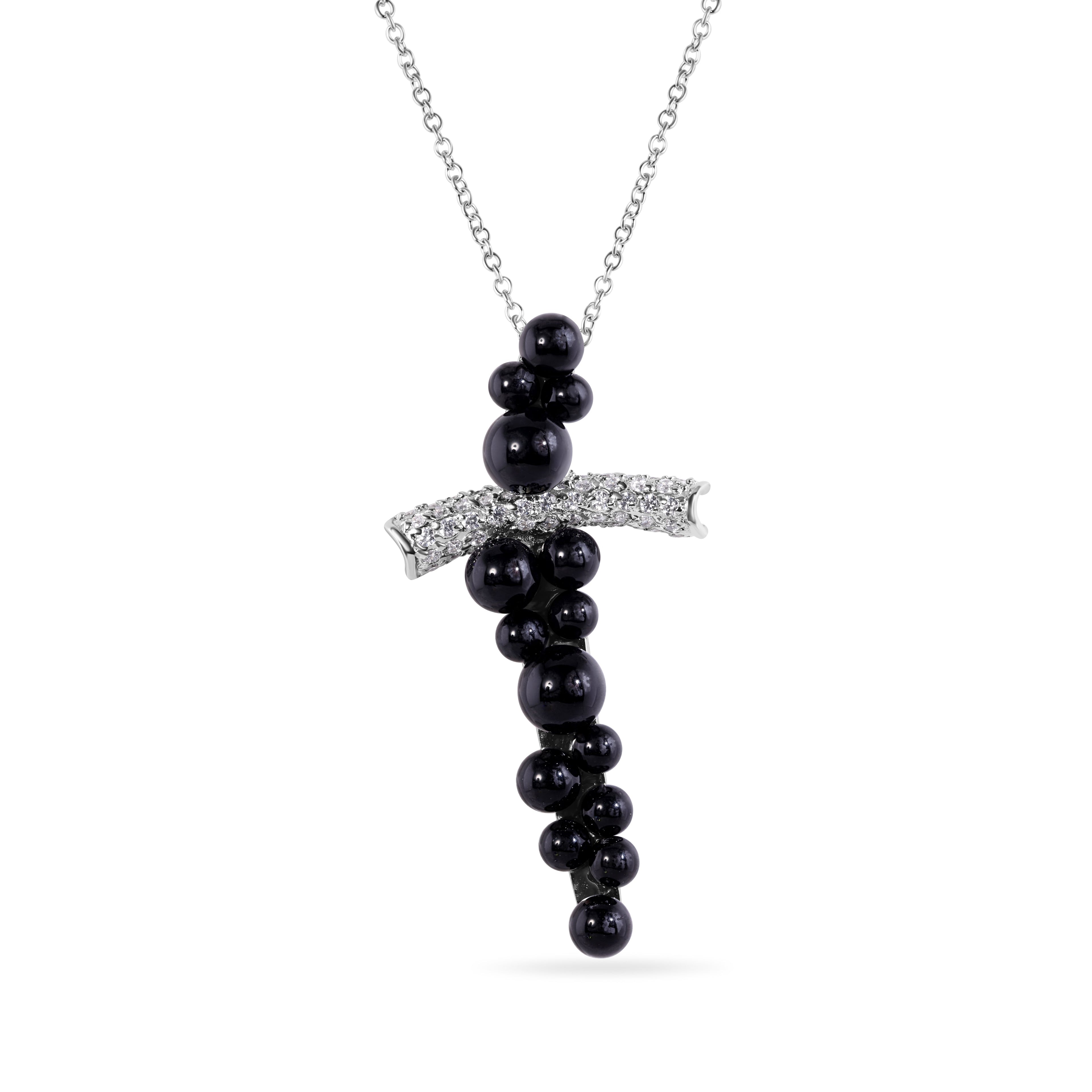 Silver 925 Rhodium Plated Cross CZ Graduate Ball Black Onyx Necklace - BGP00170