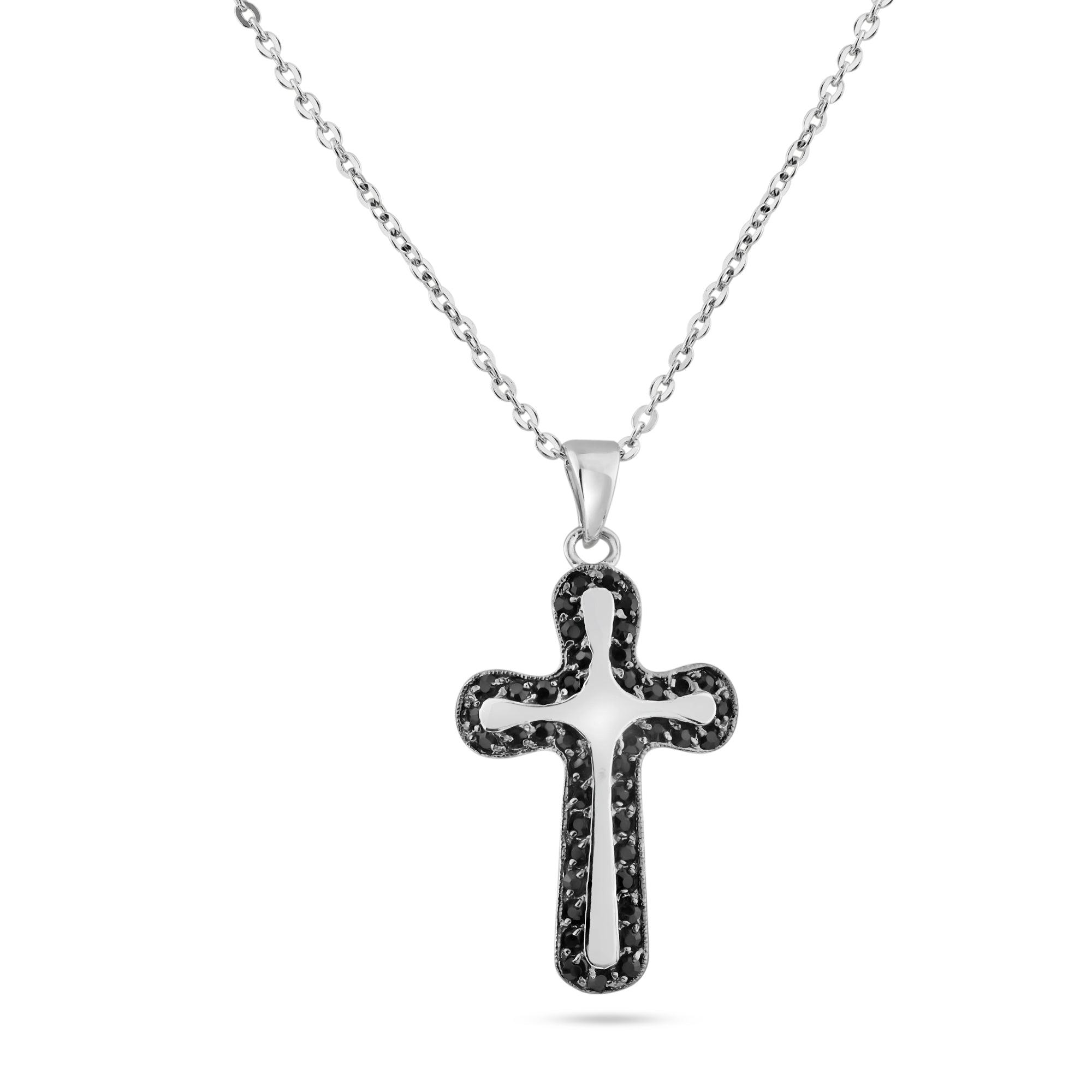 Silver 925 Rhodium Black Onyx Cross CZ Necklace - BGP00191