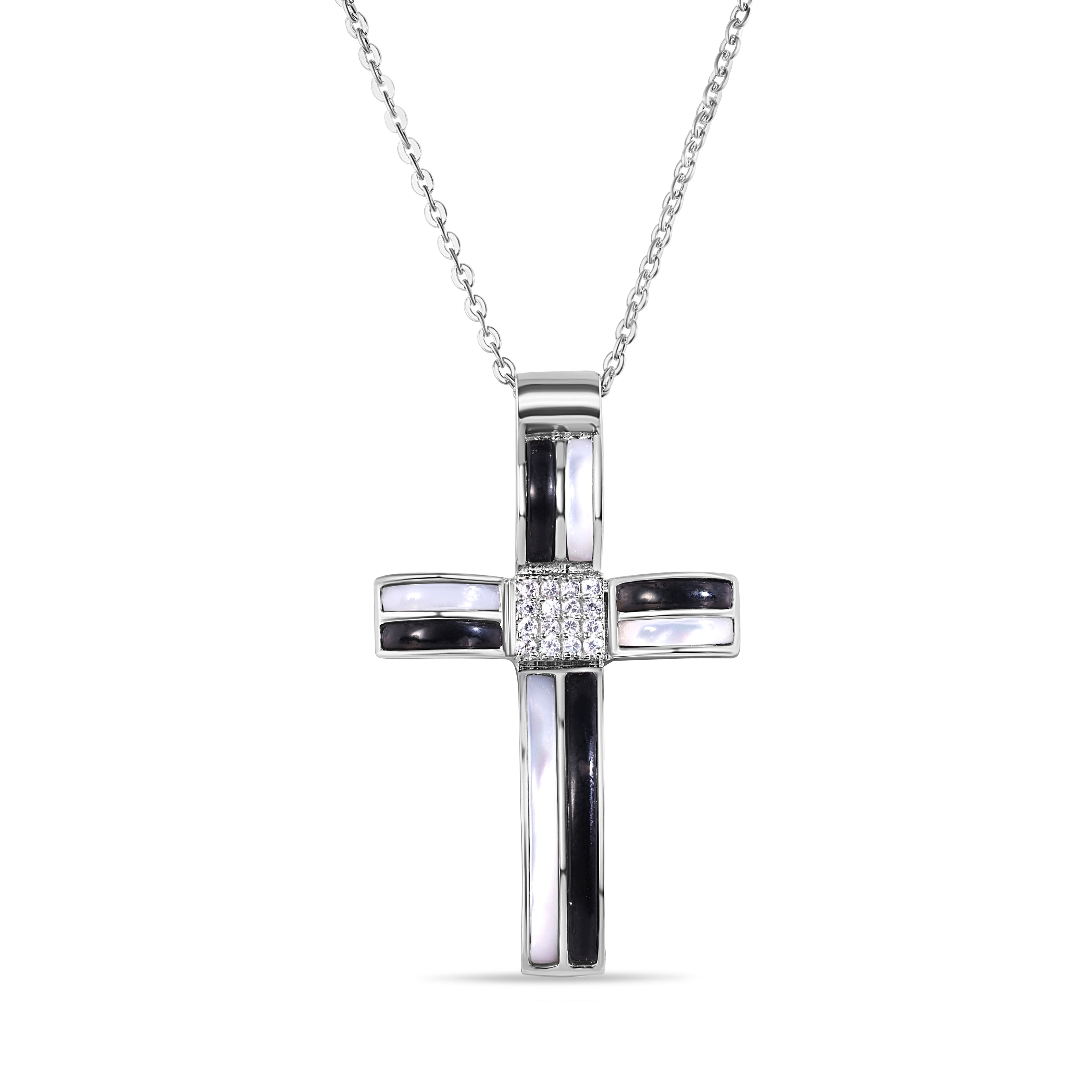Silver 925 Black and Rhodium Cross CZ Necklace - BGP00200