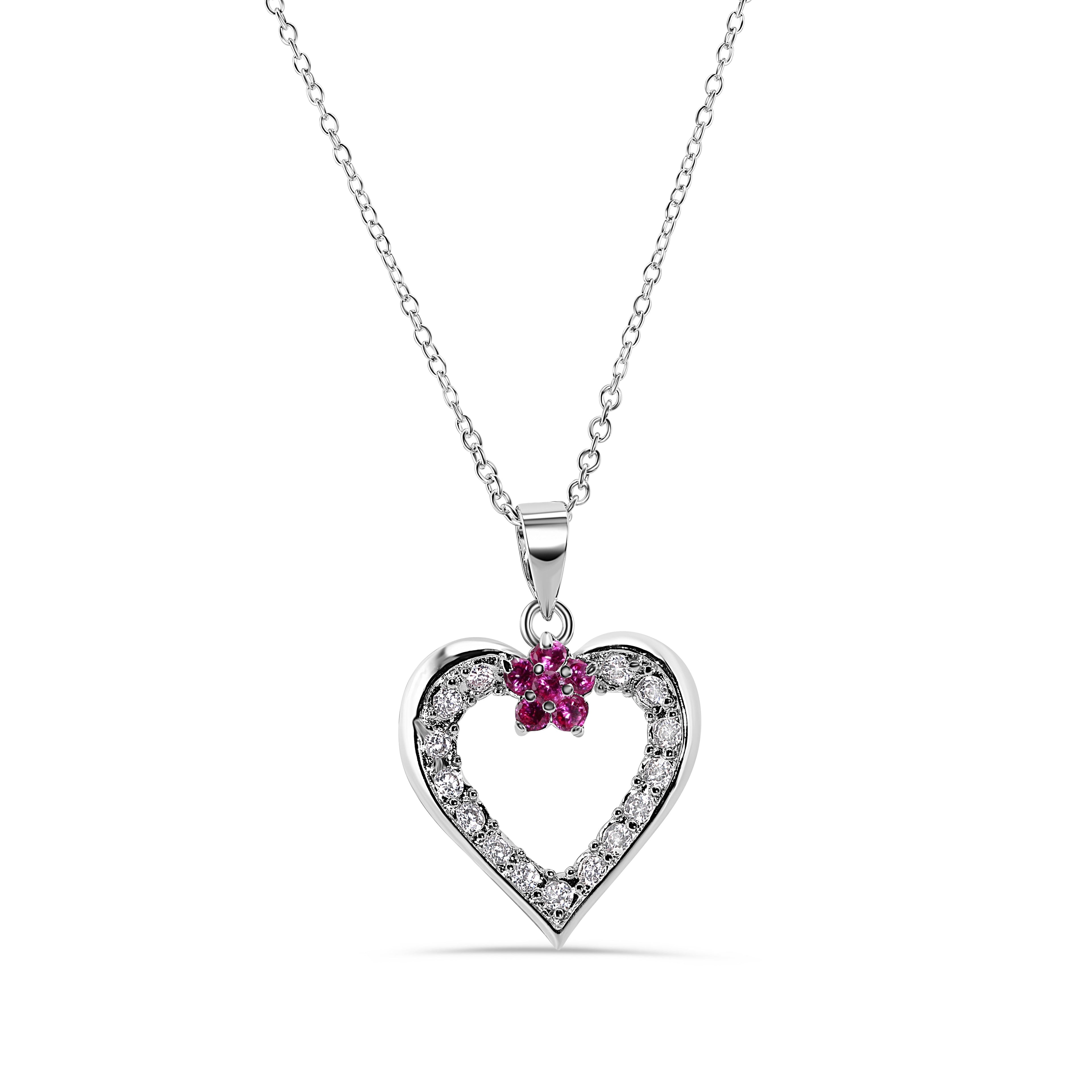 Rhodium 925 Sterling Silver Open Heart With Flower Cubic Zirconia Necklace - BGP00226