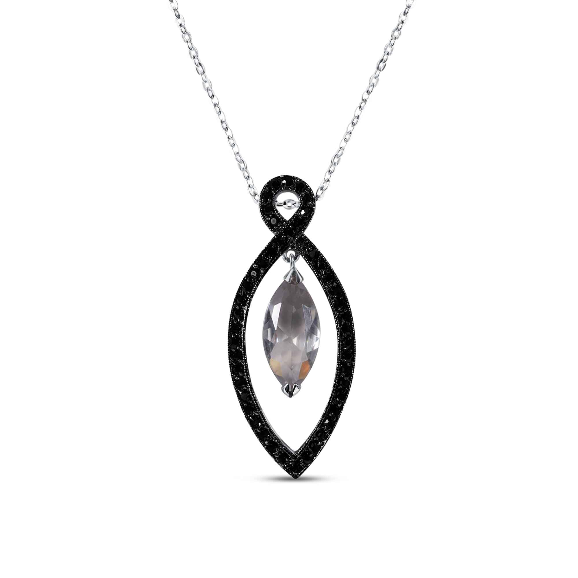 925 Sterling Silver Rhodium Open Teardrop Black CZ Necklace - BGP00237