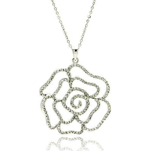 Silver 925 Rhodium Plated Outline Flower CZ Necklace - BGP00318