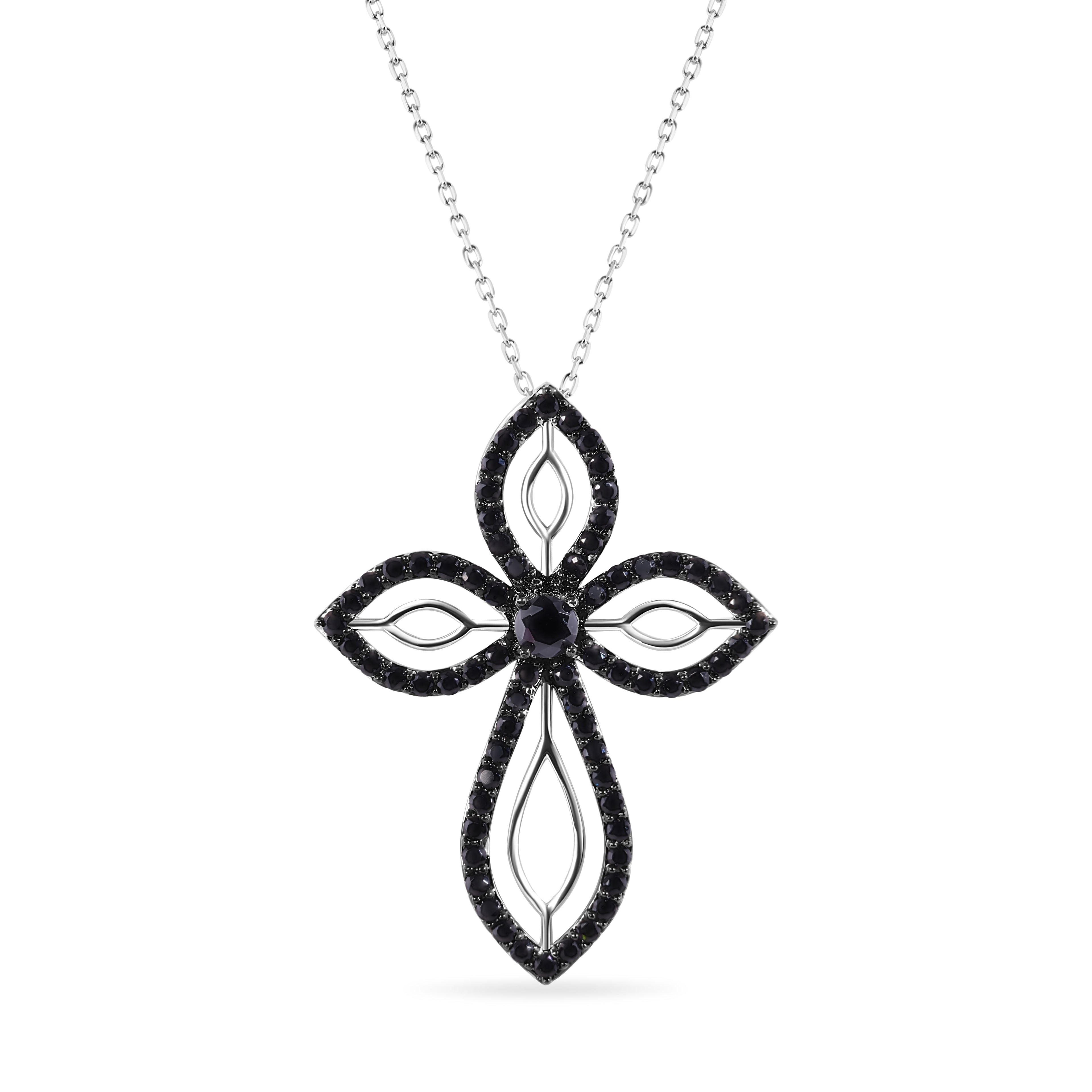 Silver 925 Rhodium and Black Rhodium Plated Clear and Black CZ Cross Pendant Necklace - STP00804