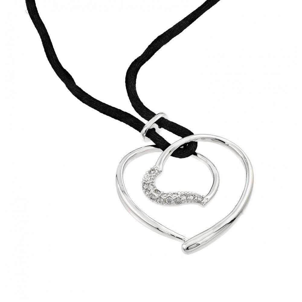 Silver 925 Rhodium Plated Open Heart CZ Black Rope Necklace - BGP00595