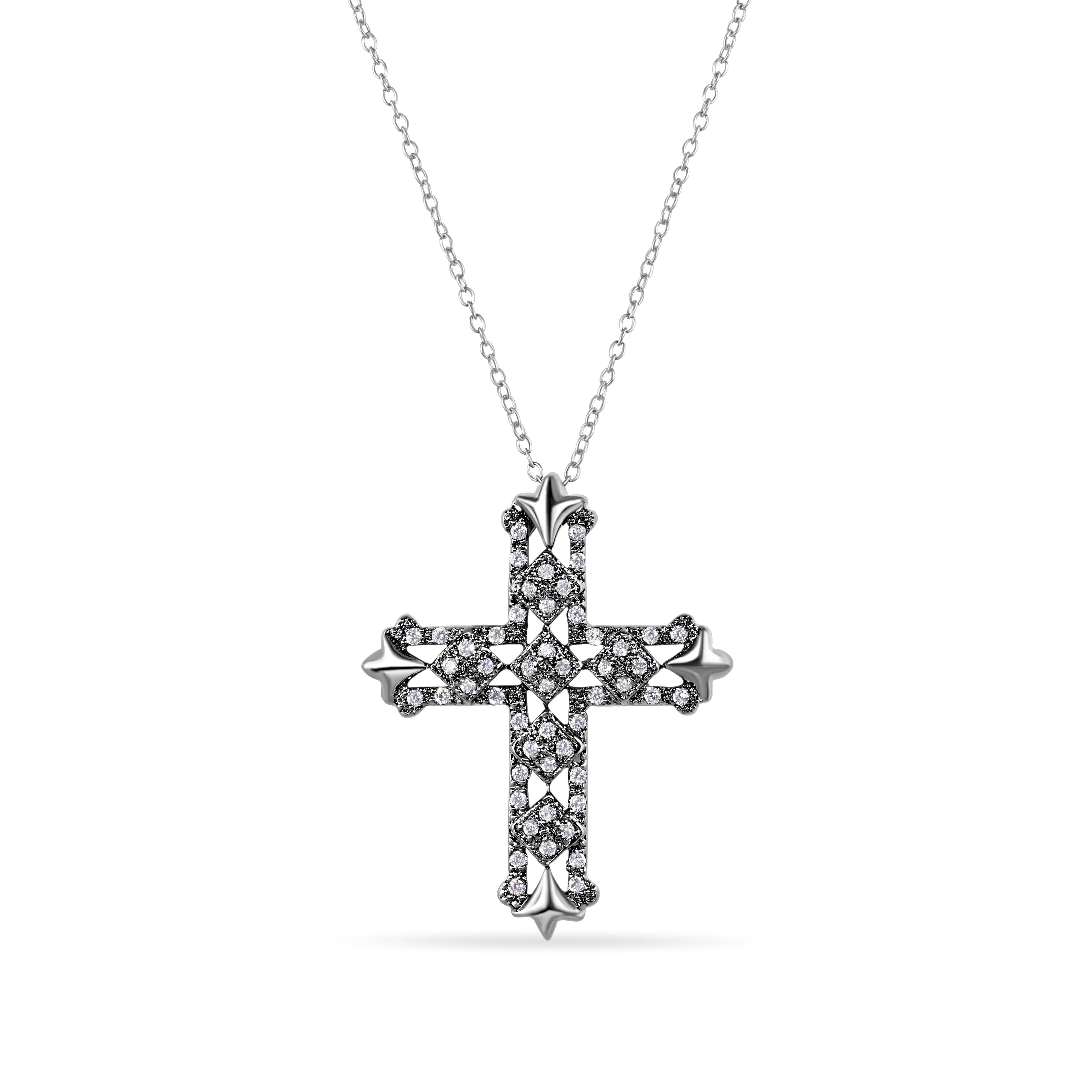 Silver 925 Black Rhodium Plated CZ Cross Necklace - BGP00687-BLK