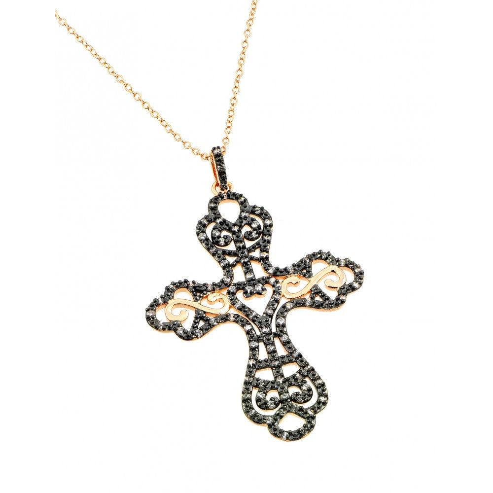 Silver 925 Rose Gold Plated Black and Clear Cross CZ Dangling Inlay Necklace - BGP00696