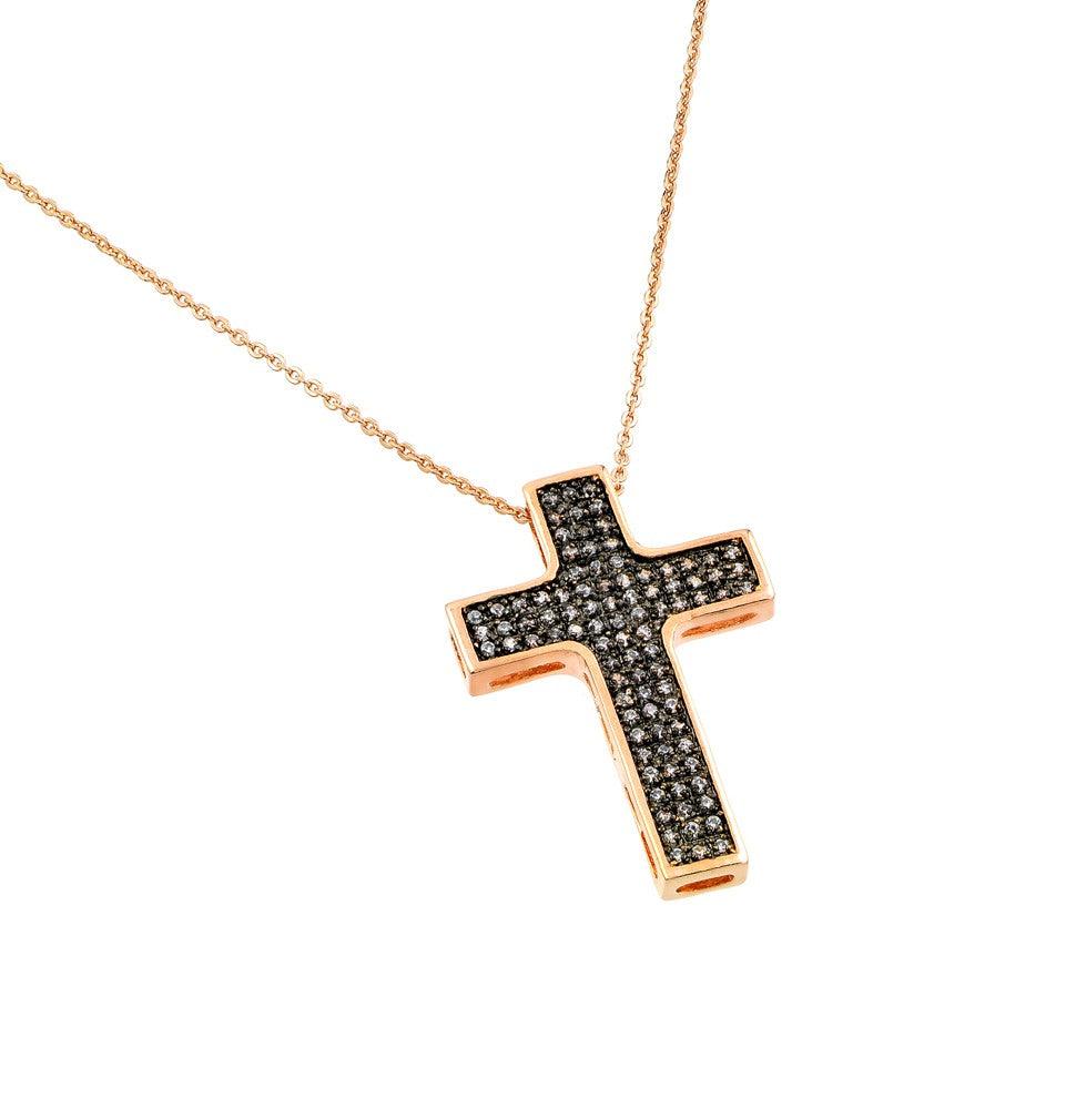 Silver 925 Rose Gold Plated Black and Clear Cross CZ Necklace - BGP00704