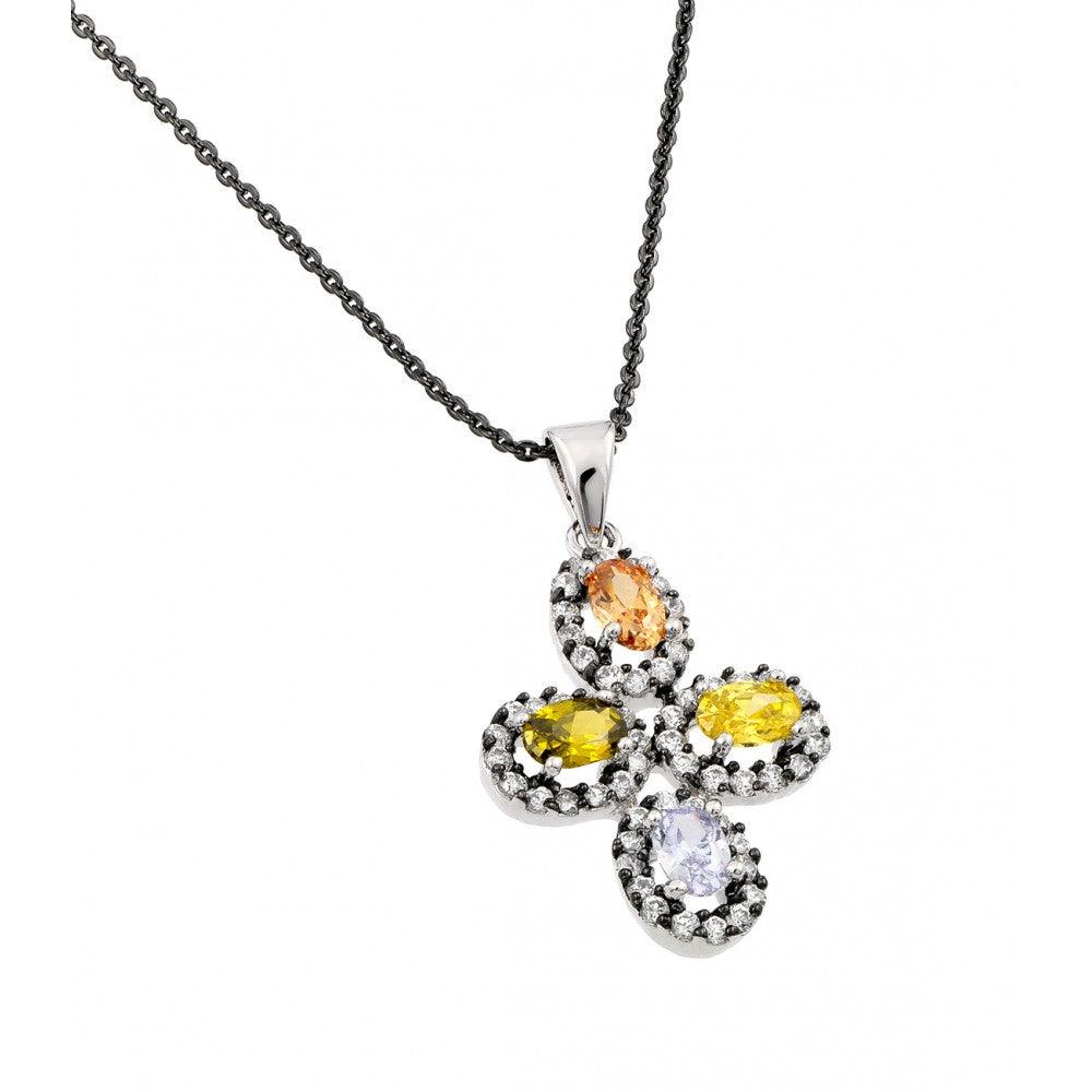 Silver 925 Rhodium Plated Multicolor Flower Black and Clear CZ Necklace - BGP00706