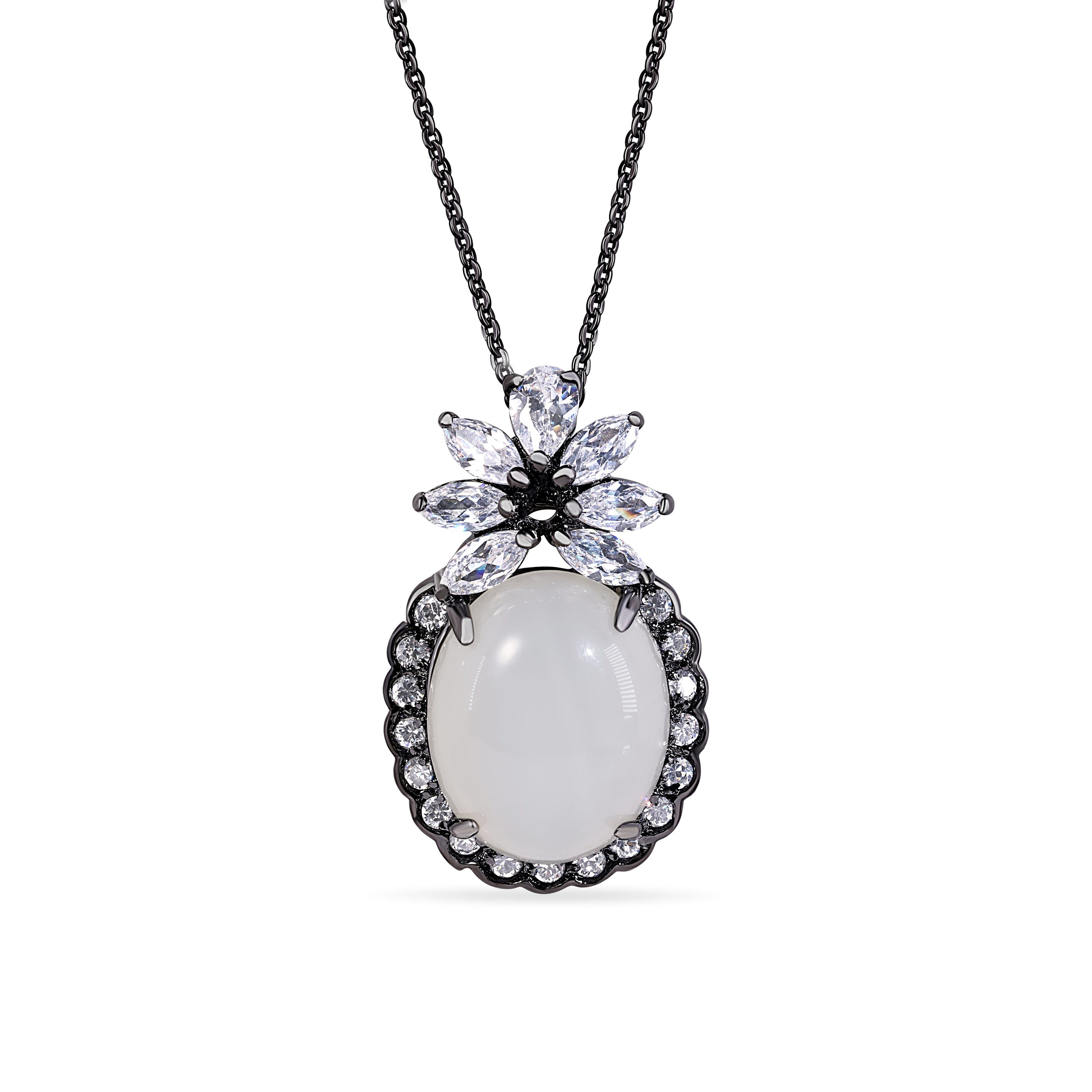 Black Rhodium Plated 925 Sterling Silver Oval Shaped Pendant With CZ Inlay Necklace - BGP00709