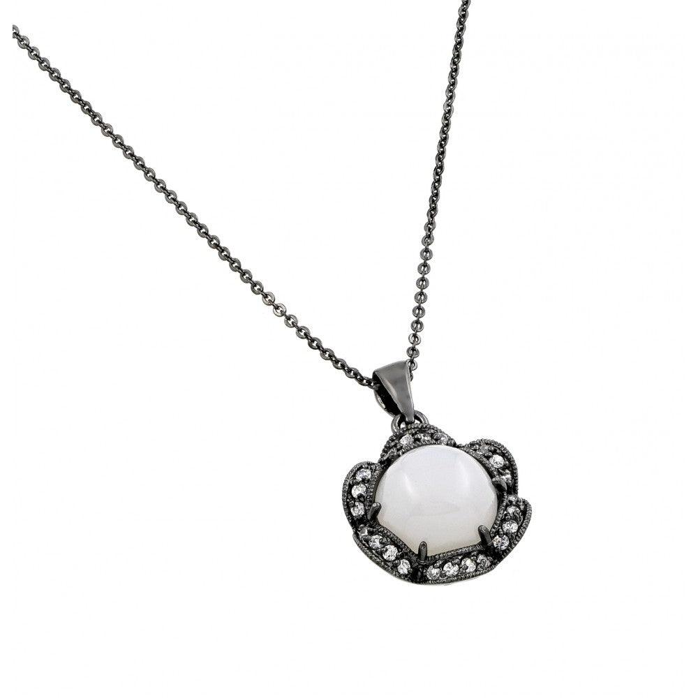 Black Rhodium Plated 925 Sterling Silver Circle Shaped Pendant With CZ Inlay Necklace- BGP00710