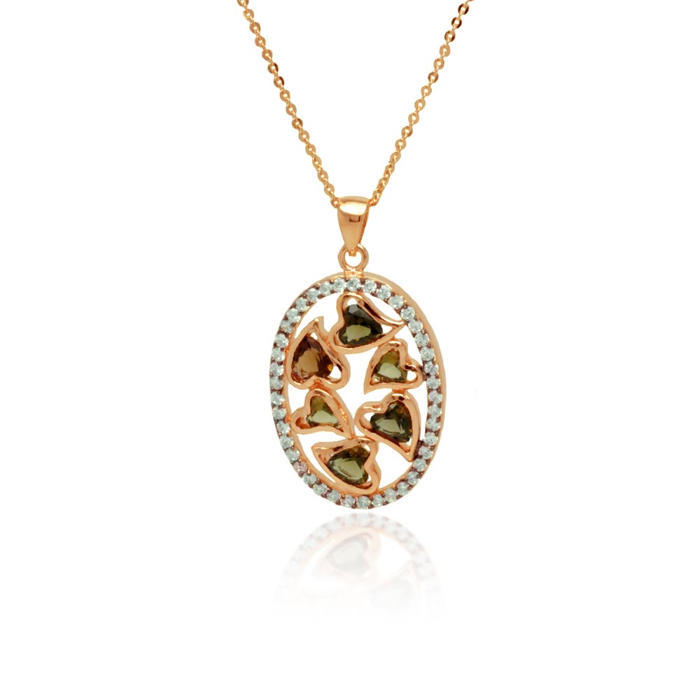 Silver 925 Rose Gold Plated Oval Multiple Heart Stones Outline CZ Necklace - BGP00775