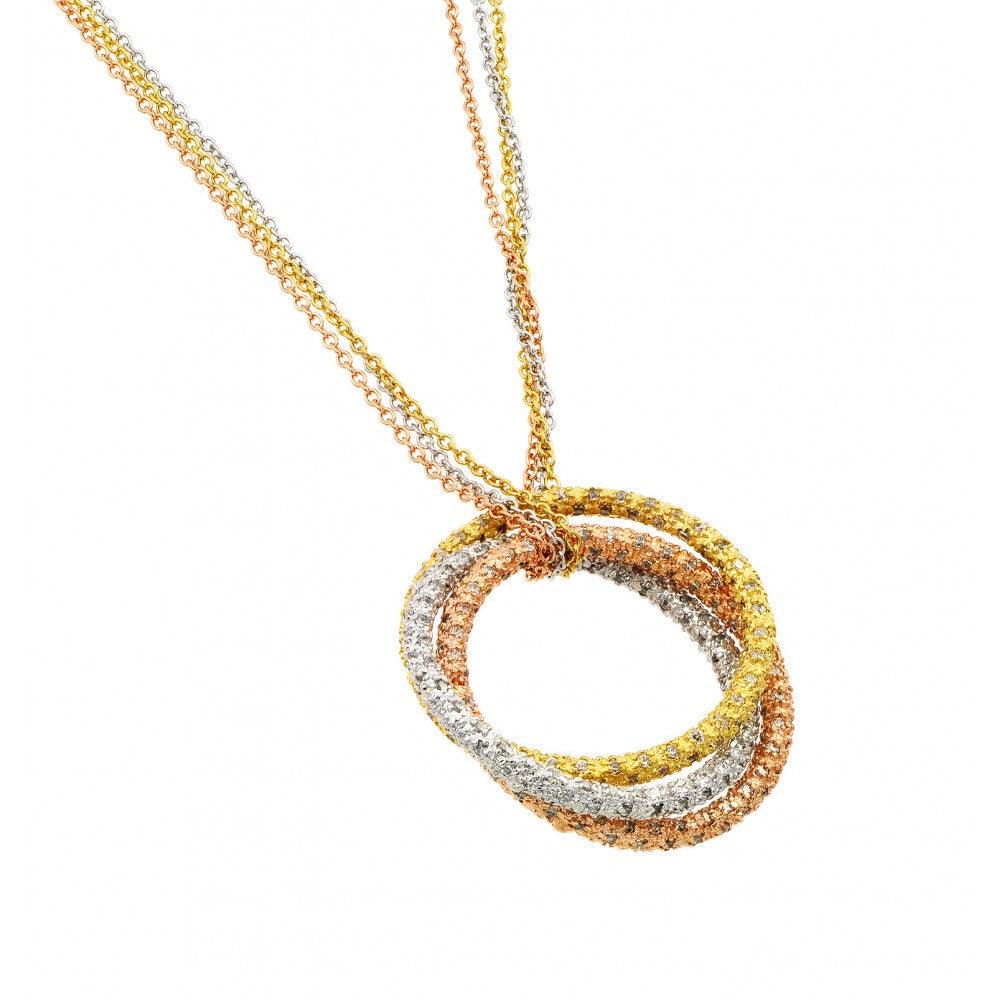 Silver 925 Rhodium Black Rhodium and Gold Plated 3 Interlaced Rings Clear CZ Necklace - BGP00933