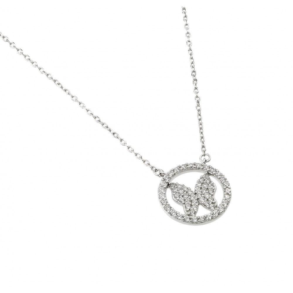 Silver 925 Rhodium Plated Butterfly Circle Necklace - BGP00998