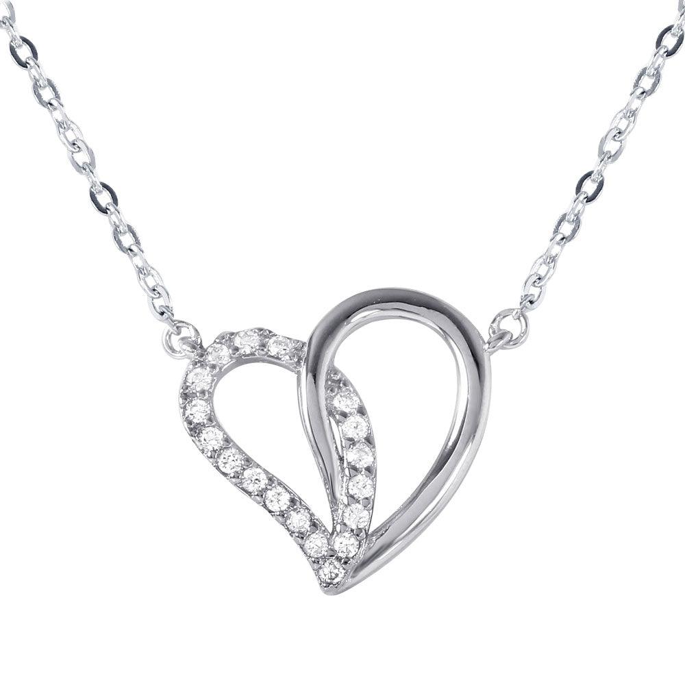 Silver 925 Dual Open Heart Pendant with CZ Accents Necklace - BGP01028