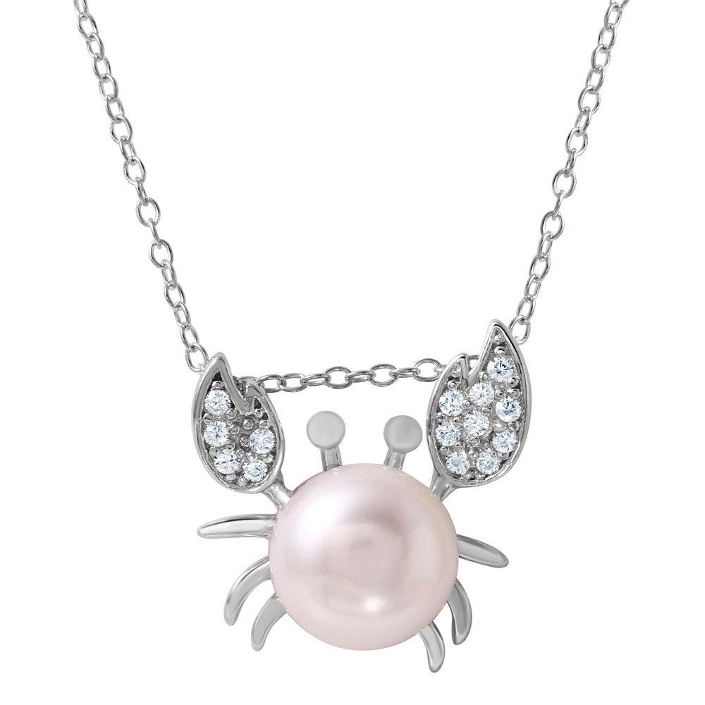 Silver 925 Rhodium Plated CZ Crab Shaped Pendant with Fresh Water Pearl - BGP01033