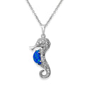 Rhodium Plated 925 Sterling Silver Sea Horse with CZ and Synthetic Blue Opal Necklace - BGP01071BLU