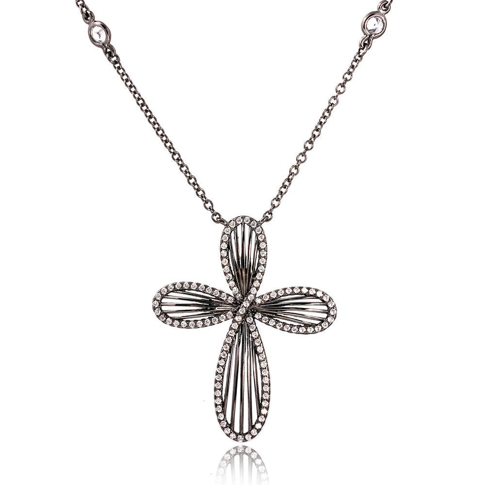 Silver 925 Black Rhodium Plated Cross with CZ Border Necklace - BGP01081