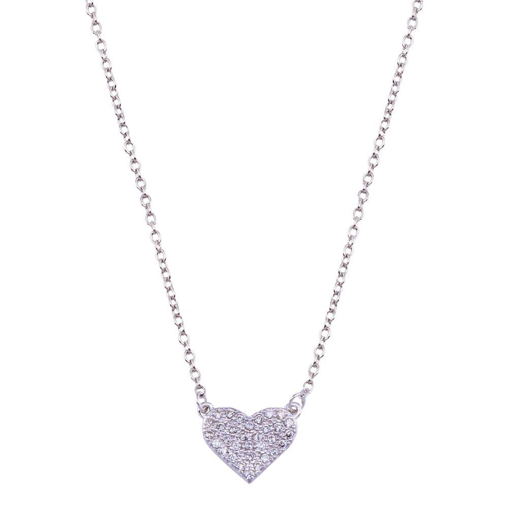 Rhodium Plated 925 Sterling Silver CZ Encrusted Heart Necklace - BGP01090