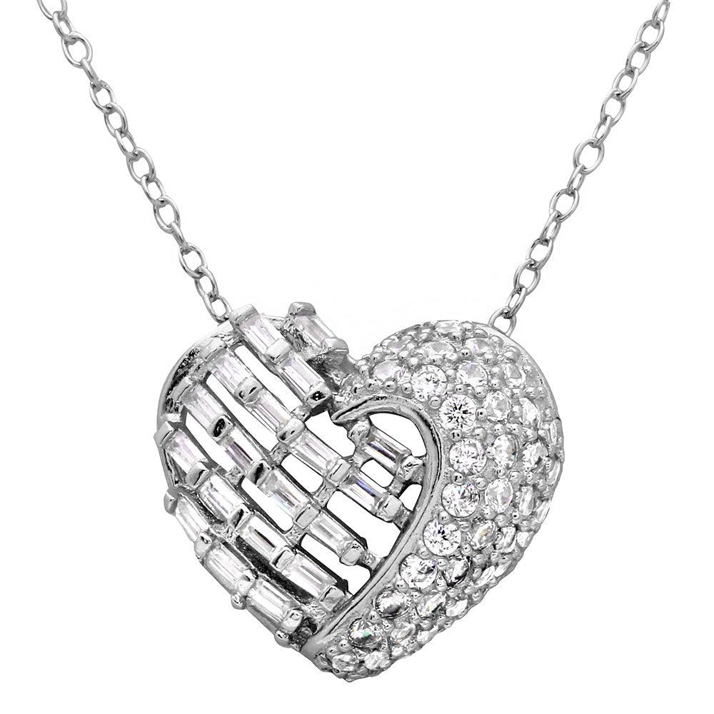 Silver 925 Rhodium Plated 2 Sided Baguette CZ Stones Heart Necklace - BGP01123