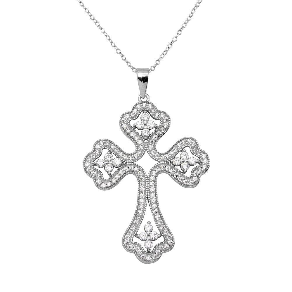 Rhodium Plated 925 Sterling Silver CZ Encrusted Open Cross Necklace - BGP01141CLR