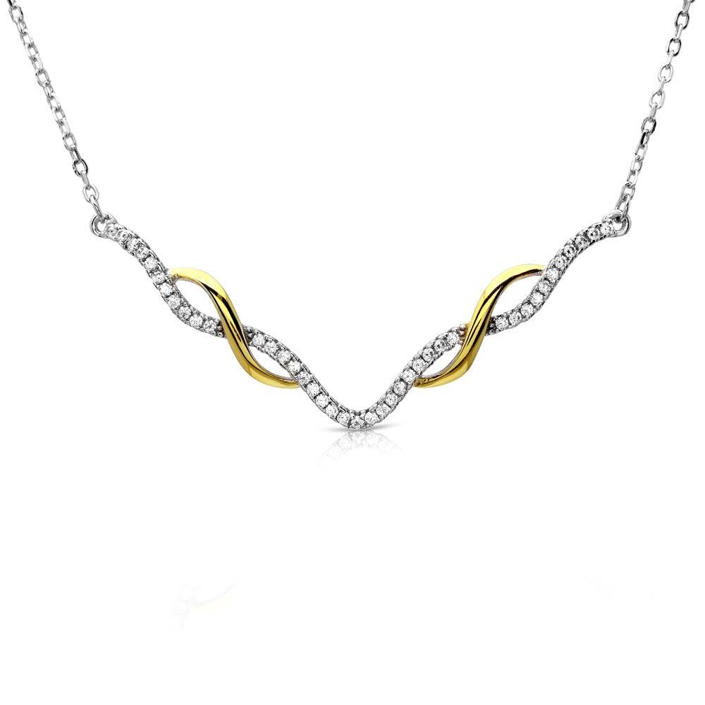 Gold and Rhodium Plated 925 Sterling Silver Interlinked V-Shape Necklace with CZ - BGP01172