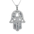 Rhodium Plated 925 Sterling Silver CZ Encrusted Hamsa Hand Necklace - BGP01191