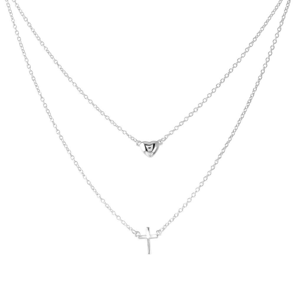 Rhodium Plated 925 Sterling Silver Double Strand Heart and Cross Necklace - BGP01198