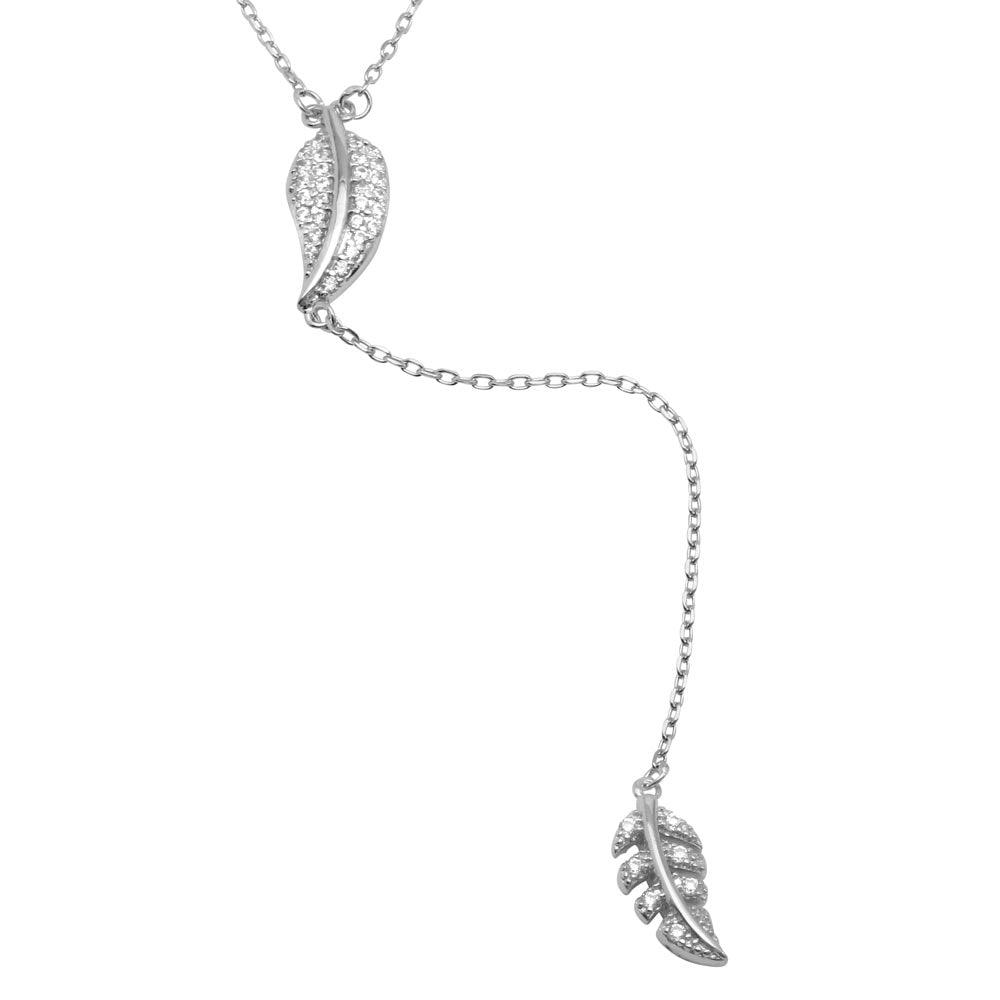 Rhodium Plated 925 Sterling Silver Leaf Pendant with Dropped CZ Outline Leaf - BGP01203
