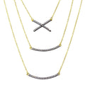 Gold Plated 925 Sterling Silver Triple Strand Necklace with CZ Curved Bar and CZ X - BGP01213