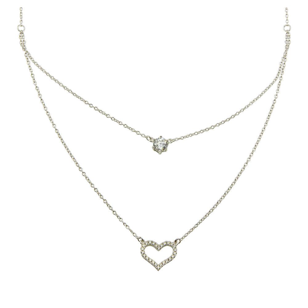 Rhodium Plated 925 Sterling Silver Double Chain Heart Necklace with CZ - BGP01224