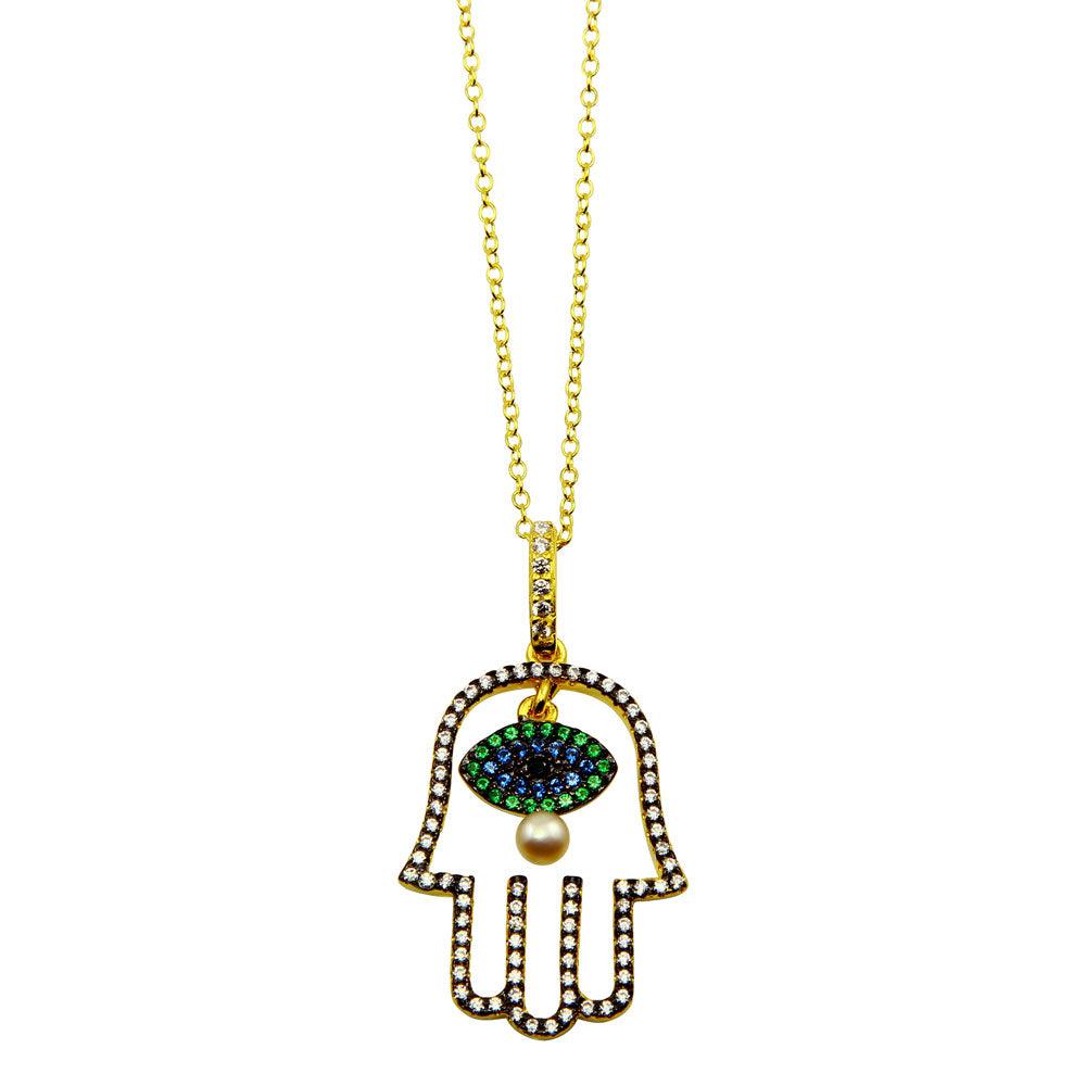 Gold Plated 925 Sterling Silver Hamsa Hand with Multi Color CZ Stones - BGP01246