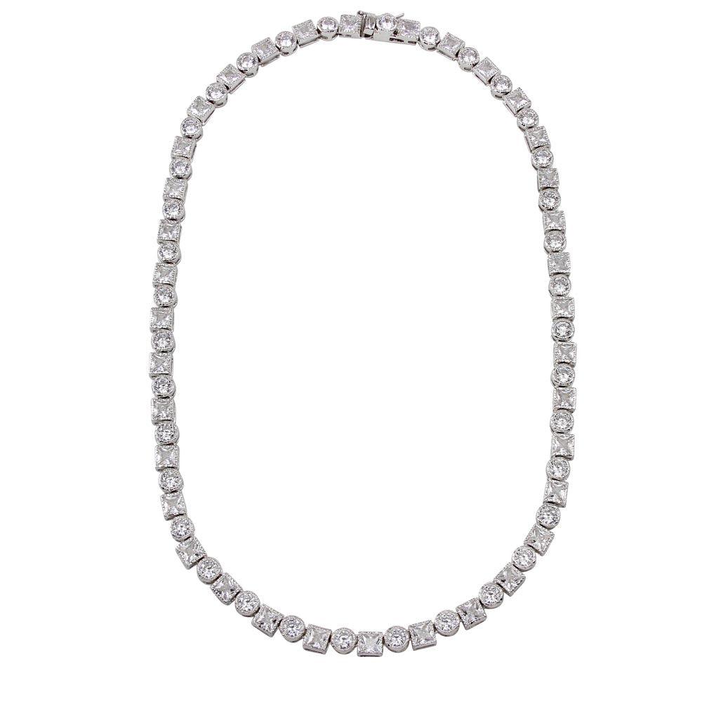 Rhodium Plated 925 Sterling Silver Round and Square CZ Infinity Necklace - BGP01259