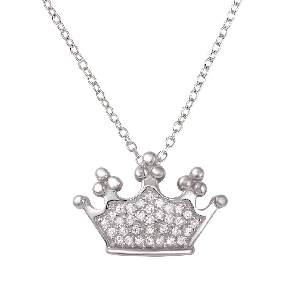 Rhodium Plated 925 Sterling Silver Crown Pendant Necklace with CZ - BGP01263