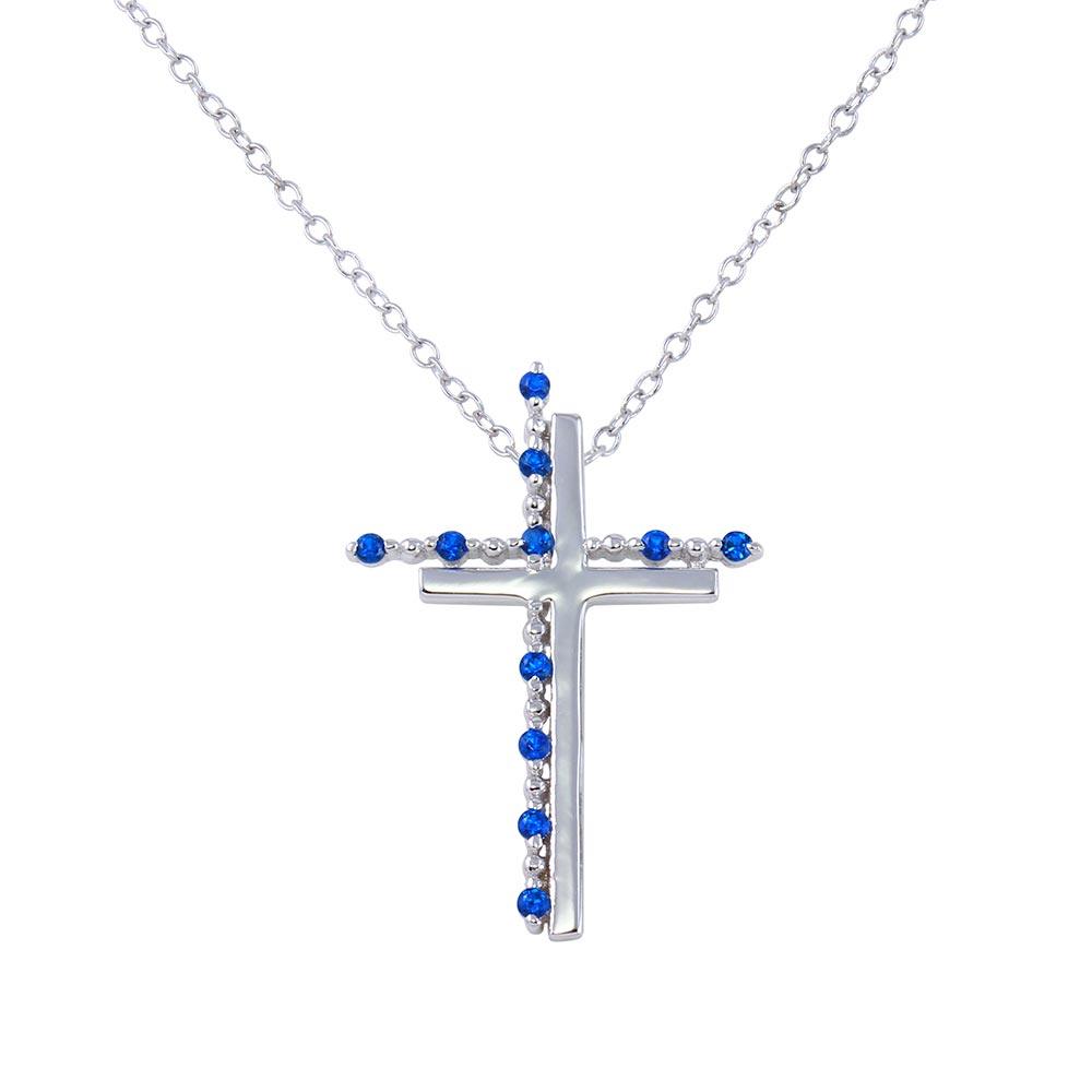 Rhodium Plated 925 Sterling Silver Double Cross Pendant with Blue CZ - BGP01272BLU