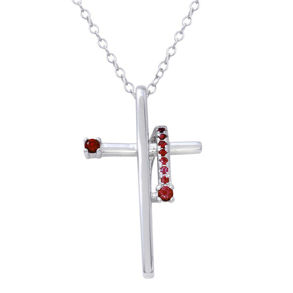 Rhodium Plated 925 Sterling Silver Red CZ Designed Cross Necklace - BGP01273GAR