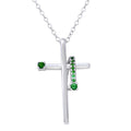 Rhodium Plated 925 Sterling Silver Green CZ Designed Cross Necklace - BGP01273GRN