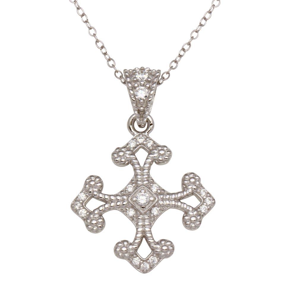 Rhodium Plated 925 Sterling Silver Cross Pendant with CZ - BGP01277