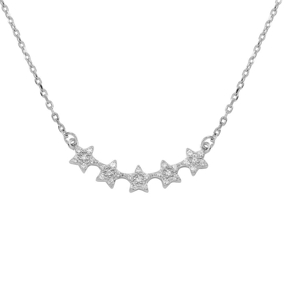 Rhodium Plated 925 Sterling Silver 5 Star Curve Necklace with CZ - BGP01281