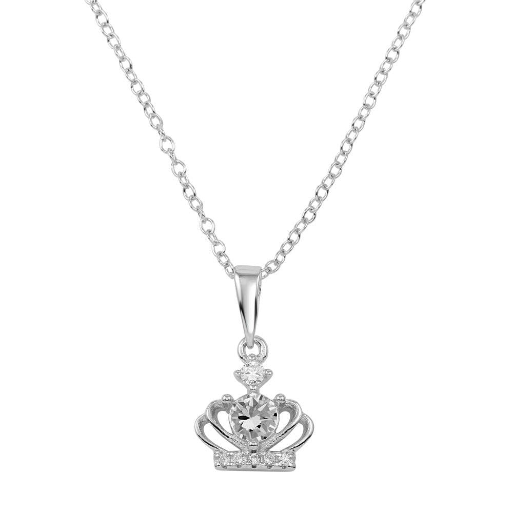 Rhodium Plated 925 Sterling Silver CZ Crown Pendant Necklace - BGP01283CZ