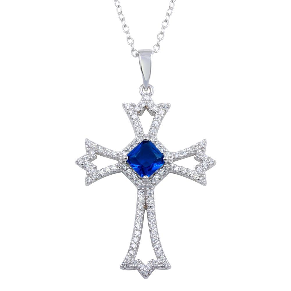 Rhodium Plated 925 Sterling Silver Blue CZ Center Open CZ Cross Necklace - BGP01319