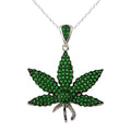 Rhodium Plated 925 Sterling Silver Green CZ Marijuana Leaf Necklace - BGP01340