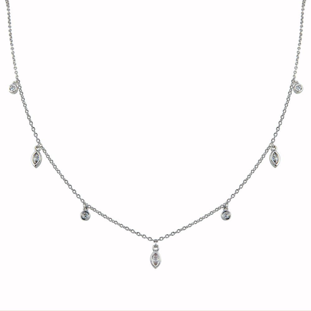 Rhodium Plated 925 Sterling Silver Round and Marquise Shape CZ Charm Necklace - BGP01345