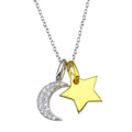 Rhodium Plated 925 Sterling Silver 2 Toned Star and Crescent Moon CZ Necklace - BGP01365
