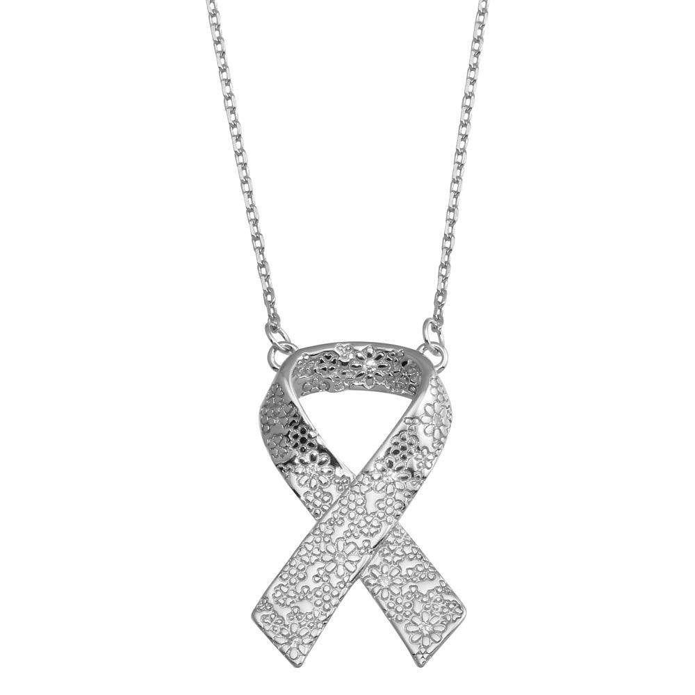 Rhodium Plated 925 Sterling Silver CZ Flower Design Ribbon Necklace - BGP01376