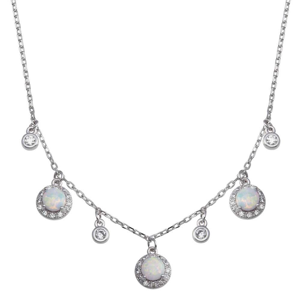 Rhodium Plated 925 Sterling Silver Dangling CZ and Round Synthetic Opal Necklace - BGP01377