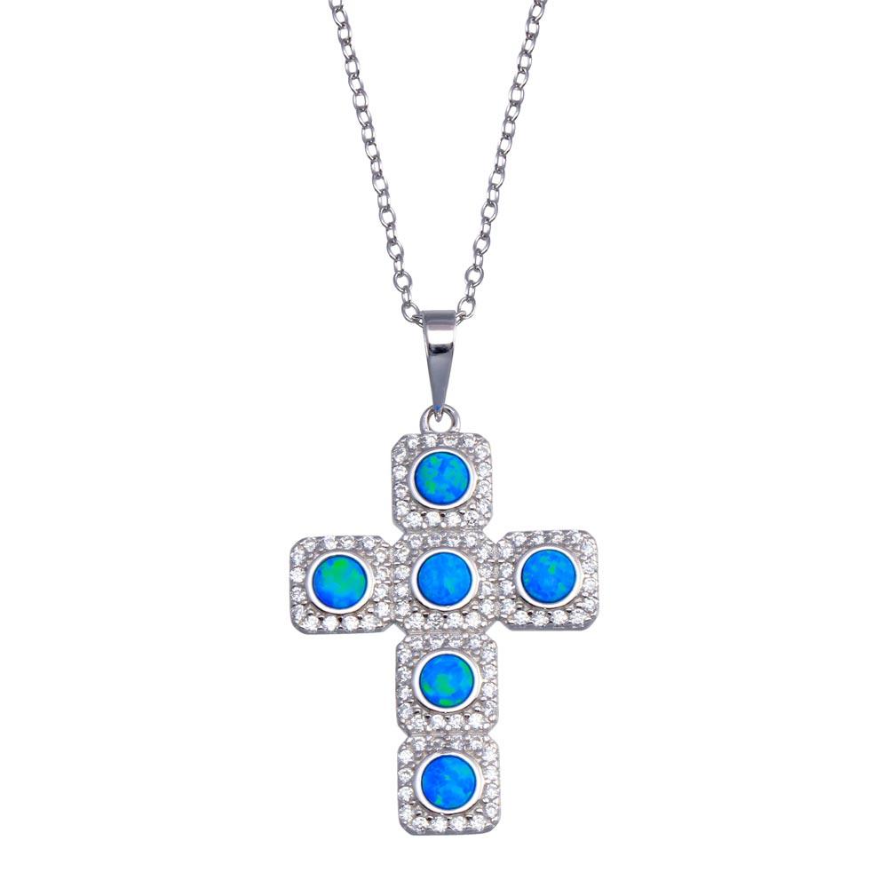 925 Sterling Silver Rhodium Plated Cross Blue and Clear CZ Necklace - BGP01386