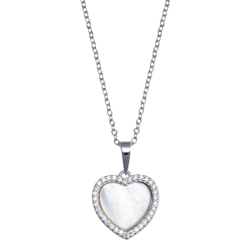 Rhodium Plated 925 Sterling Silver Heart Mother of Pearl Necklace - BGP01387