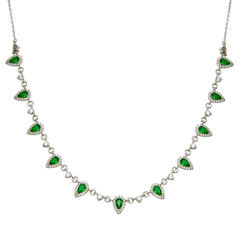 925 Sterling Silver Silver Green and Clear Multi CZ Necklace - BGP01389