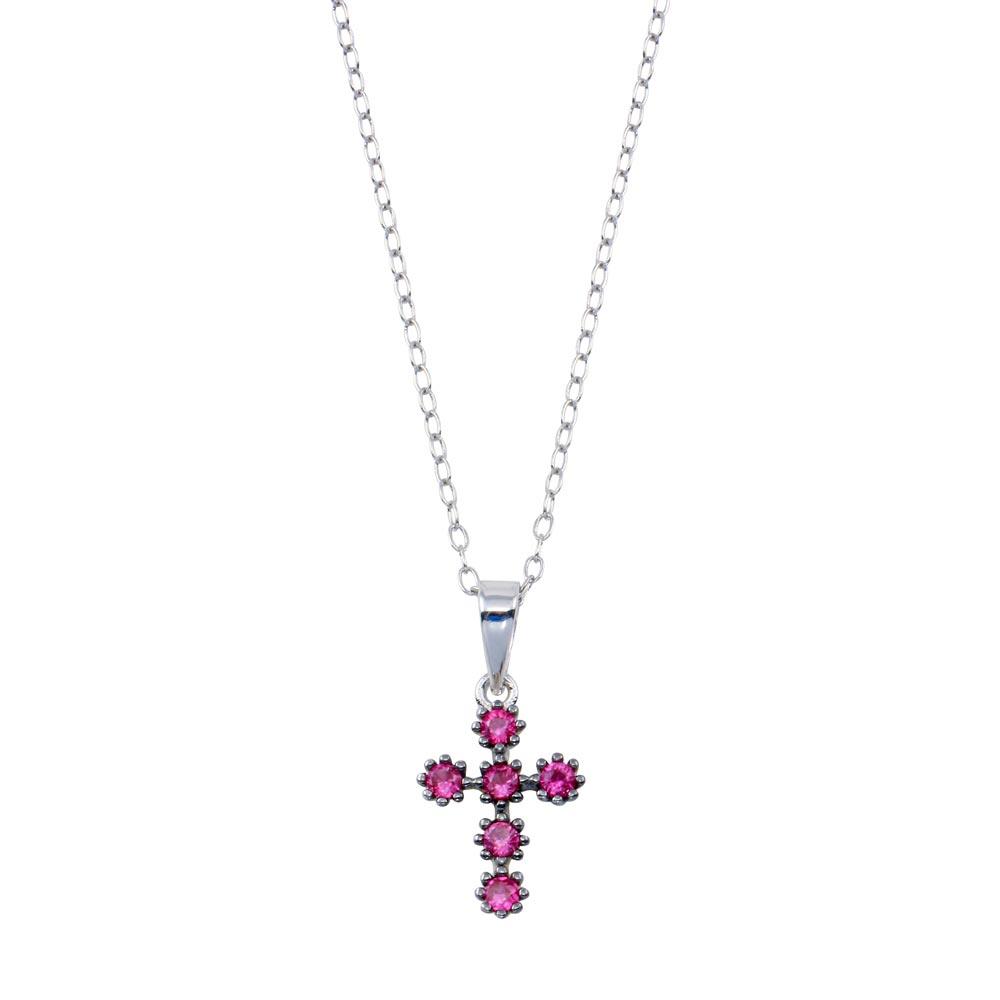 Rhodium Plated 925 Sterling Silver Cross Pink CZ Necklace - BGP01393
