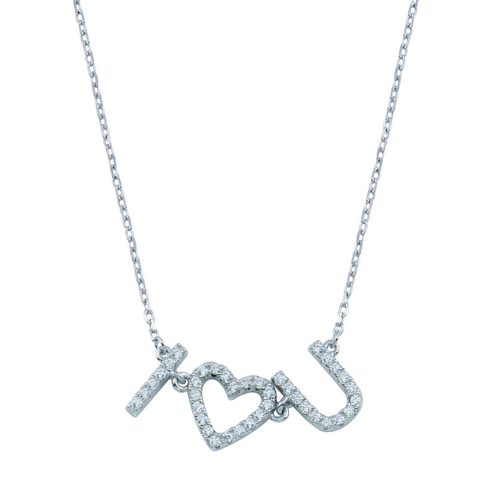 Rhodium Plated 925 Sterling Silver CZ I Heart U Necklace - BGP01394